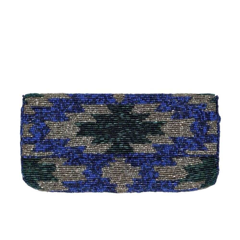 Western Blue Beaded Clutch Purse Native American Satin Crossbody Handbag VTG
